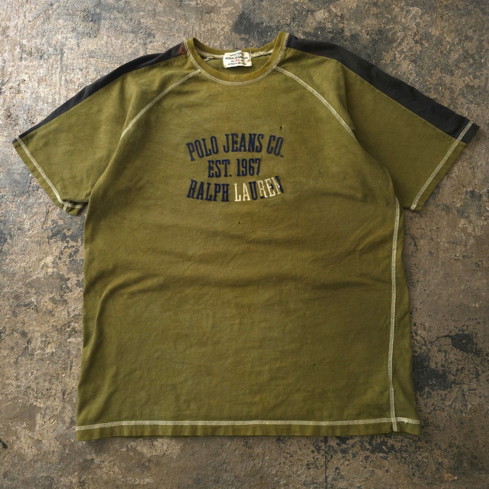 Vintage 2000s Polo Jeans Co. Green T-shirt Large Raglan Distressed